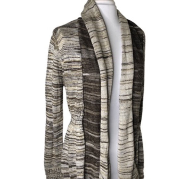 One A Elastic Waist Open Front Rolled Collar Horizontal Stripe Cardigan Size L - Picture 2 of 11